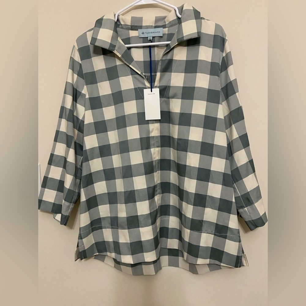 Tuckernuck Cream and Sage Gingham Collared Popover Top NWT XL